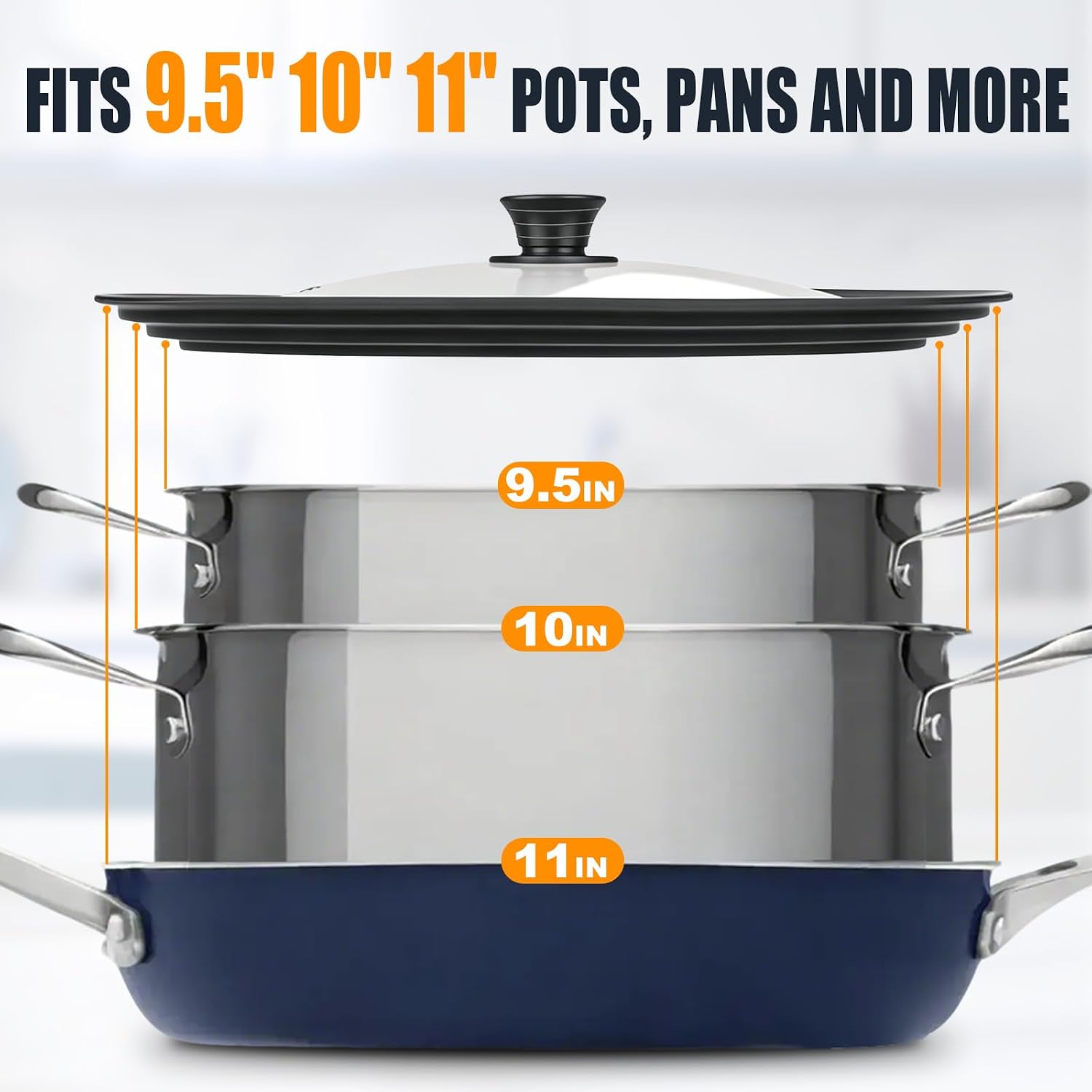 Universal Lid for Pots, Pans and Skillets - Tempered Glass with Heat Resistant Silicone Rim, Fits 10", 11" and 12" Diameter Cookware, Round