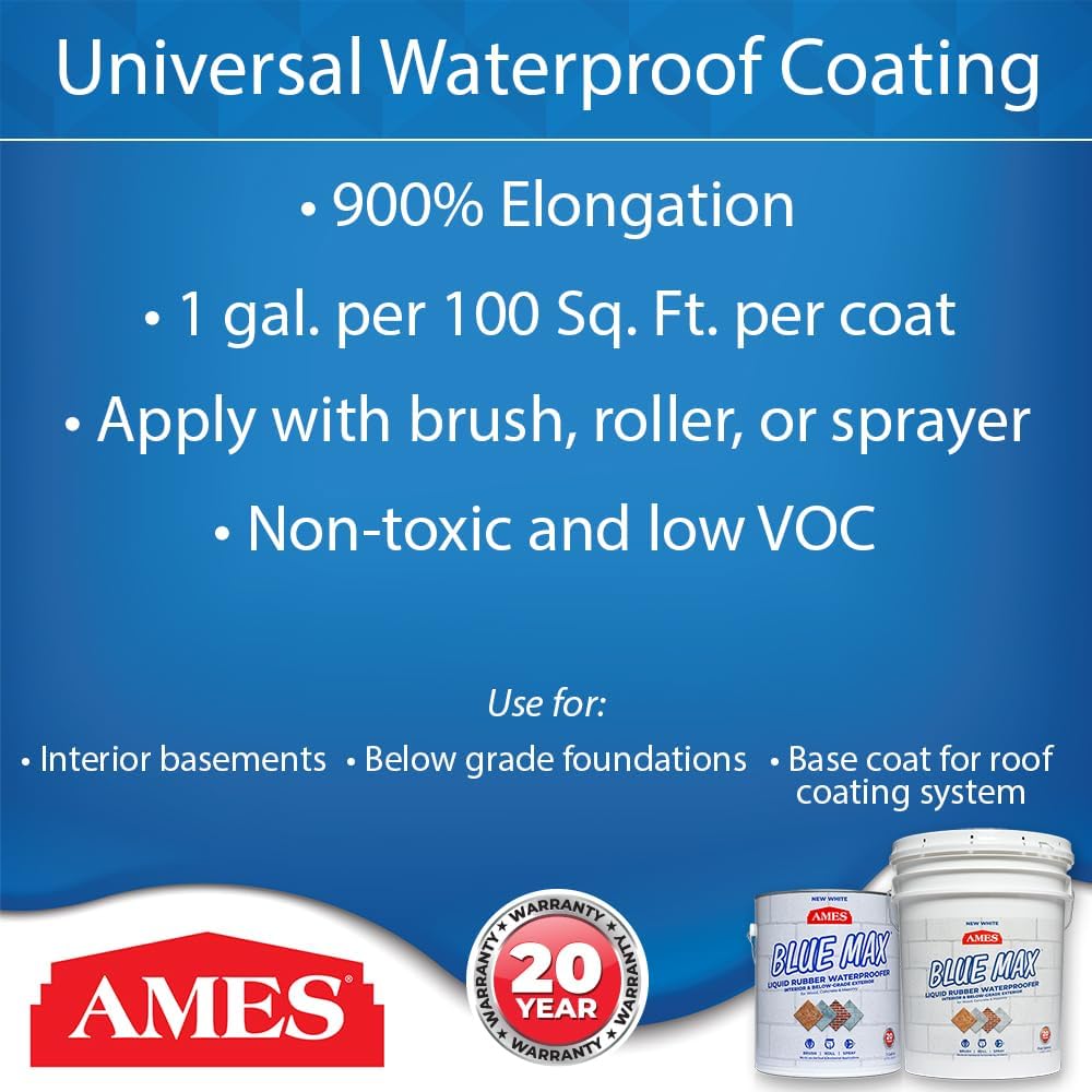 Ames Research Laboratories BMX5RG Blue MAX Waterproofer, Regular Use in Interior & Below-Grade Exterior Concrete Sealer and More. Liquid Rubber, 5 Gallon (Pack of 1), 640 Fl Oz | Ideal for waterproofing above & below grade foundations, basements, roofs,…