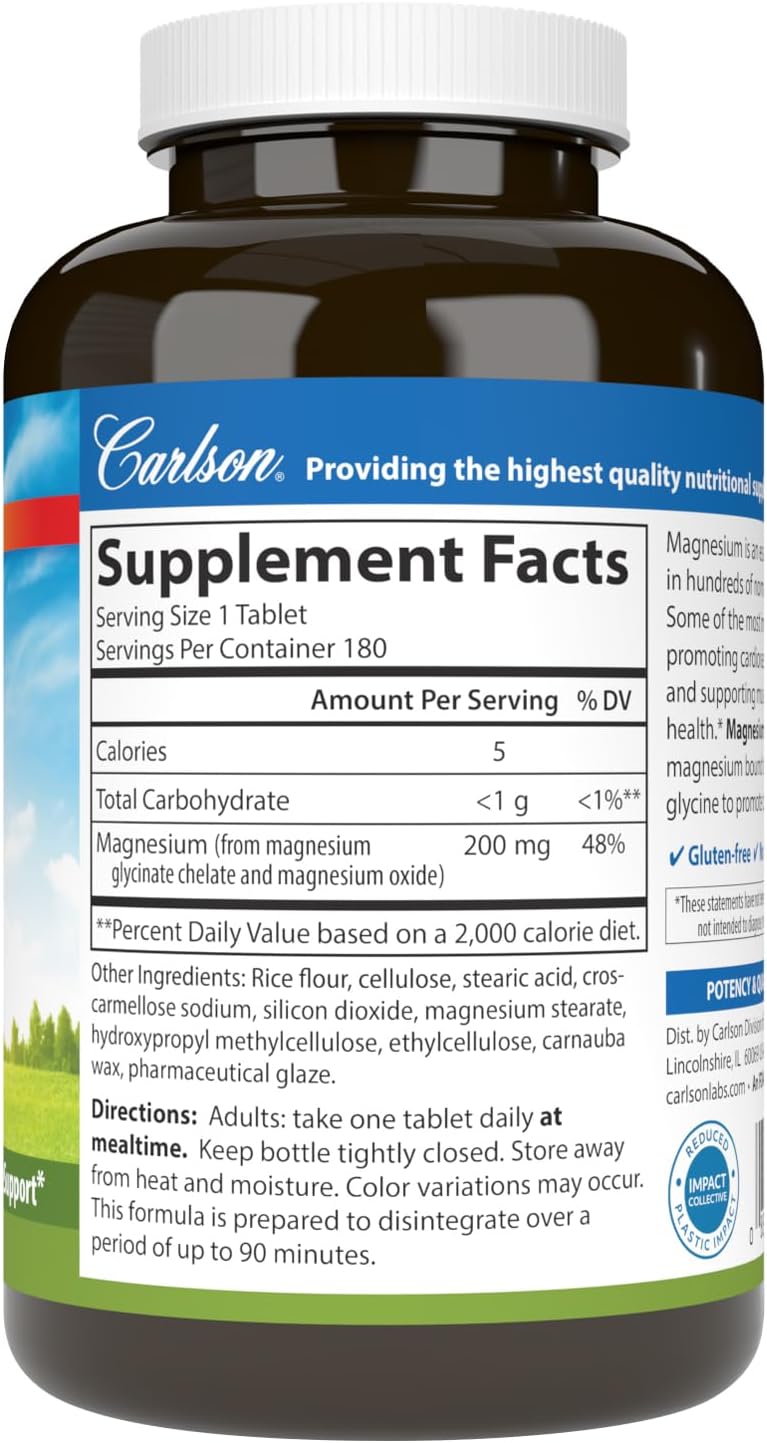 Carlson Chelated Magnesium Glycinate, 200 mg, Muscle Function, 180 Tablets | Superior Absorption; Bone Support