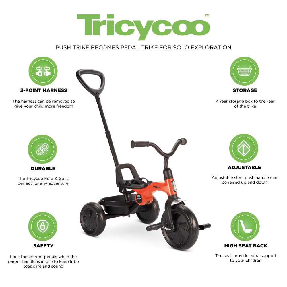 Joovy Tricycoo 4.1 Kids Tricycle with 4-Stages Featuring Extra-Wide Front Tire, Removable and Adjustable Parent Handle, Safety Harness