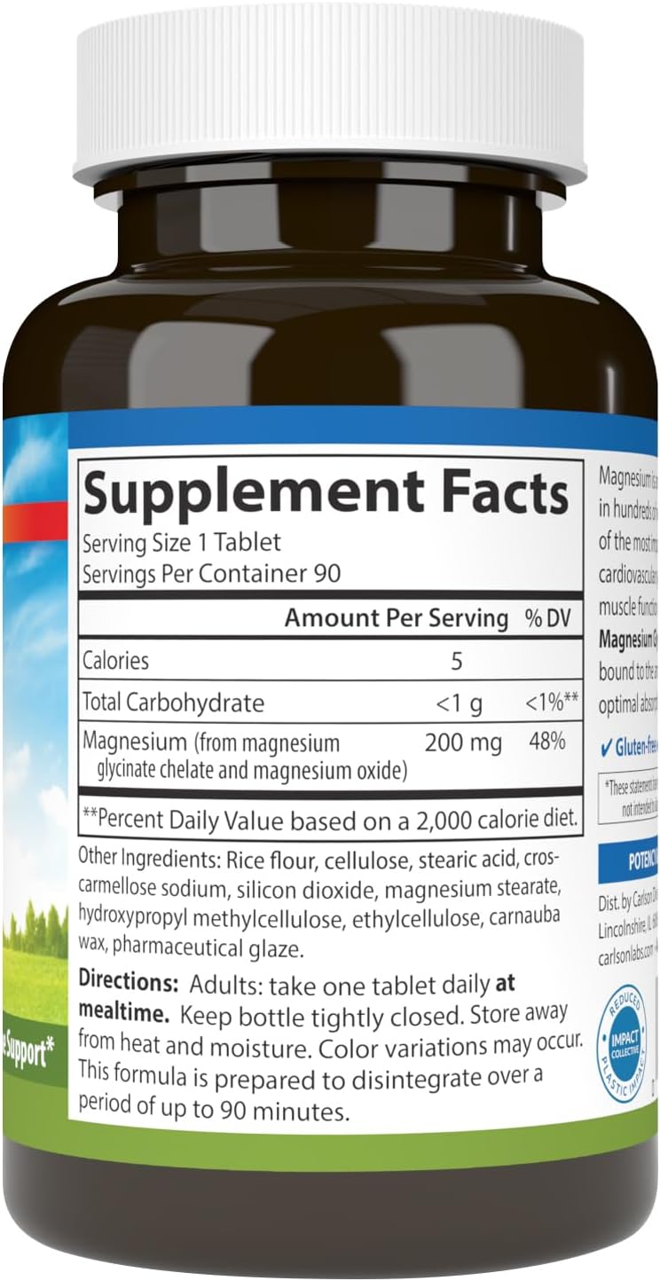 Carlson Chelated Magnesium Glycinate, 200 mg, Muscle Function, 180 Tablets | Superior Absorption; Bone Support