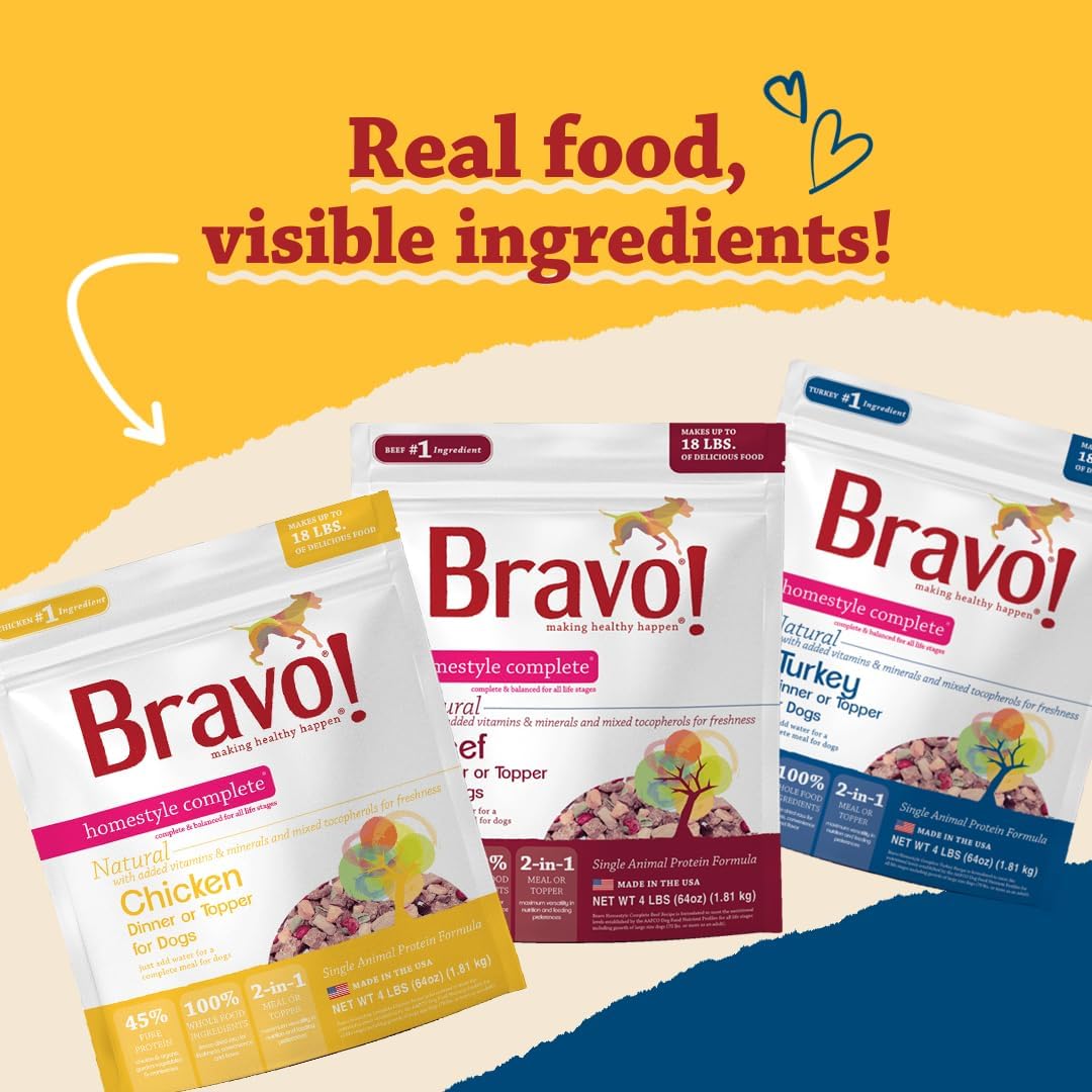 Bravo! Homestyle Complete Freeze Dried Raw Dog Food, Beef, 2 Pounds | Whole Food Ingredients, Rehydrate with Water for Up To 9 Pounds of Food, Use as Meal or Food Topper, Grain Free, Gluten Free