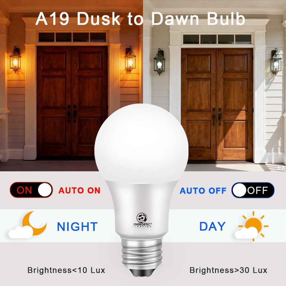 Energetic 4-Pack Dusk to Dawn LED Outdoor Light Bulb, 60 Watt Equivalent(6W), 800LM, Warm White 3000K, E26 Base