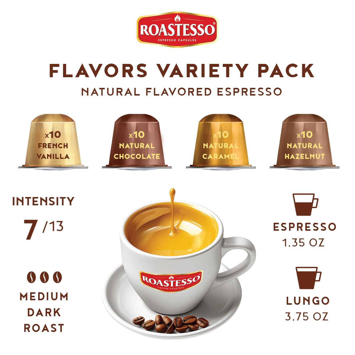 Roastesso, Aluminum Espresso Capsules, Flavors Variety Pack, Natural Flavored Coffee Pods with French Vanilla, Caramel, Chocolate & Hazelnut