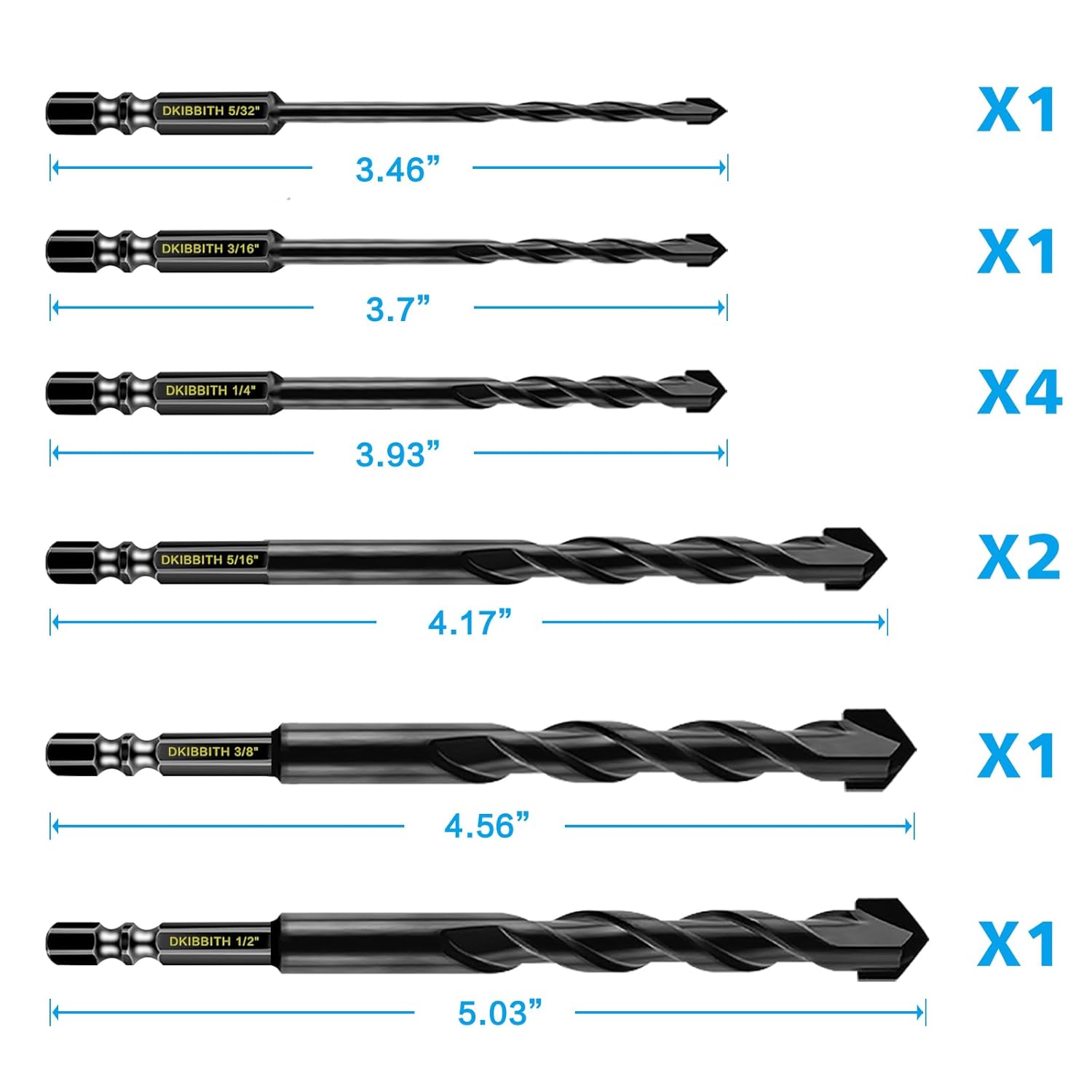 10-Piece Masonry Drill Bit Set for Concrete Tile Glass Ceramic Brick, 1/8 to 1/2 Inch Drilling Bits with Triangle Handle