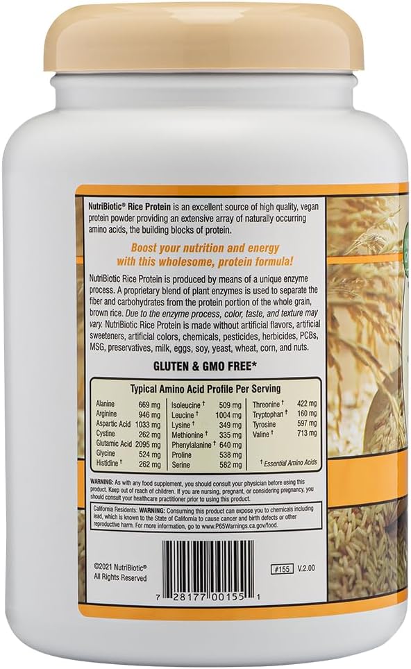 NutriBiotic – Plain Rice Protein, 1 Lb 5 oz (600g) - Low Carb, Keto-Friendly, Vegan, Raw Protein Powder - Grown & Processed Without Chemicals, GMOs or Gluten - Easy to Digest & Nutrient-Rich