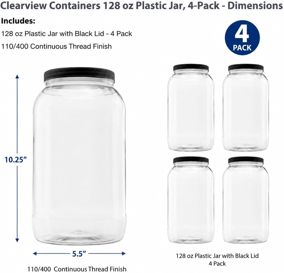 1 Pack - 128 oz (1 Gallon) Plastic Storage Jars with 110-400 Leak Proof Black Lids, Food Grade, BPA Free, Hand Wash Only (128oz, BLK, 1PK)