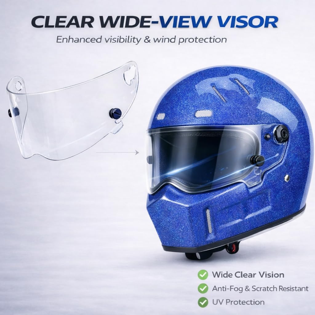 CRG Sports Retro Full Face Motorcycle Helmet, DOT Approved Fiberglass Street Bike Helmet with Clear Visor, Lightweight Cafe Racer Cruiser Motorcycle Helmet