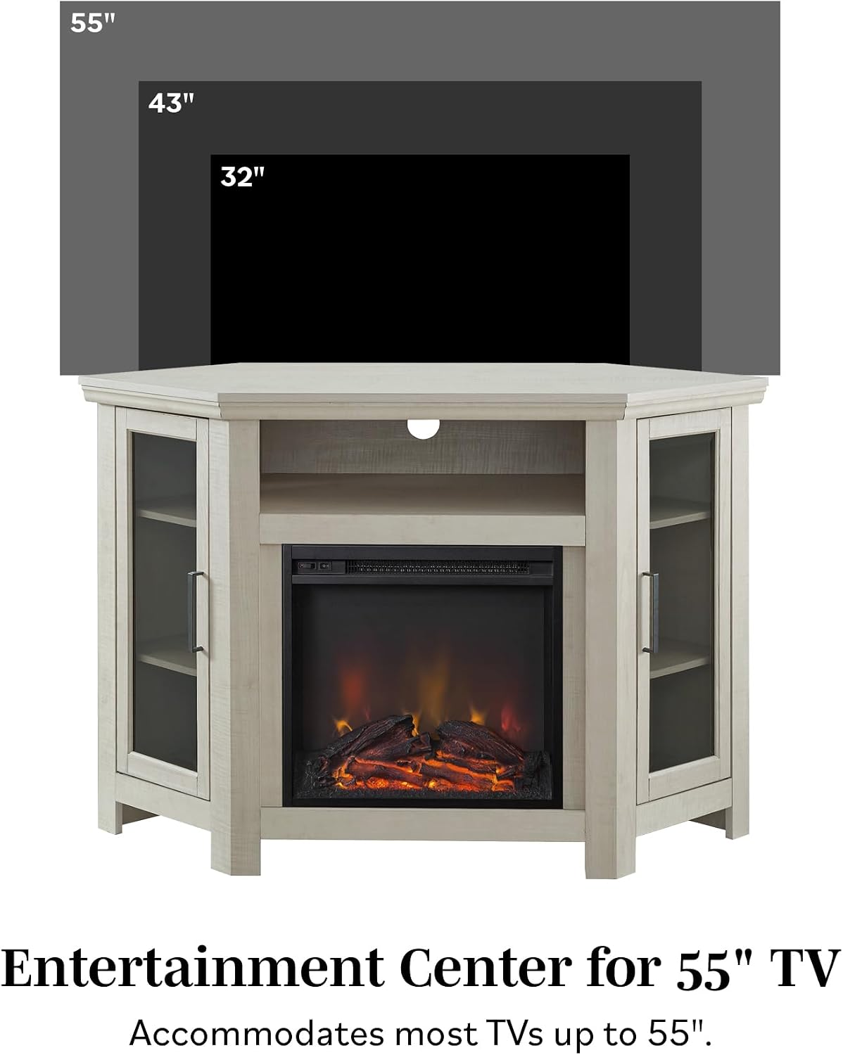 Walker Edison Alcott Classic Glass Door Fireplace Corner TV Stand for TVs up to 55 Inches, 48 Inch, White Oak