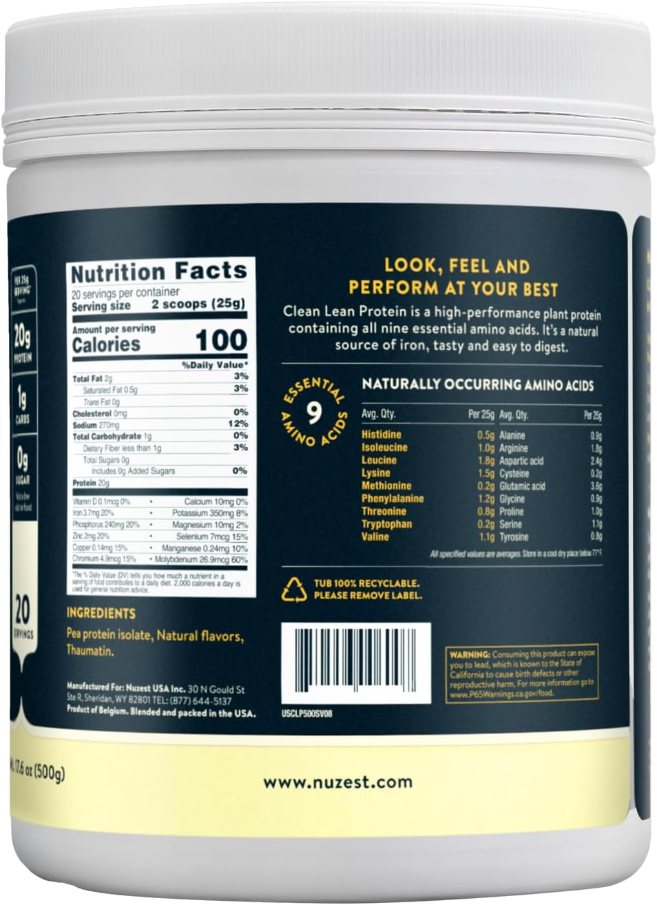 Nuzest Clean Lean Protein - Vegan Pea Protein Powder Rich Chocolate 1.1 lb | 20 Servings with 18g Protein Plant Based Protein Powder, Only 4 Ingredients, Dairy Free, Gluten Free, GMO Free, Protein Shake