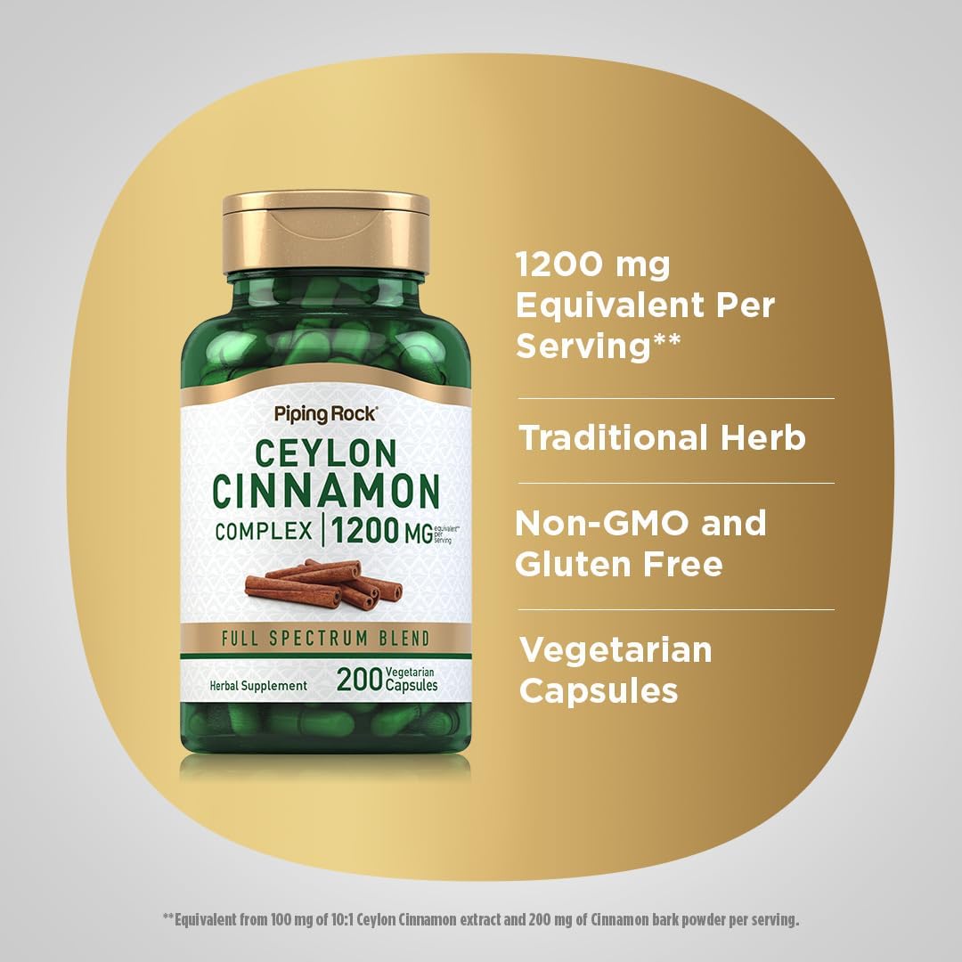 Piping Rock Ceylon Cinnamon Capsules | 200 Count | Complex Herbal Extract Supplement for Women and Men | Vegetarian, Non-GMO, Gluten Free