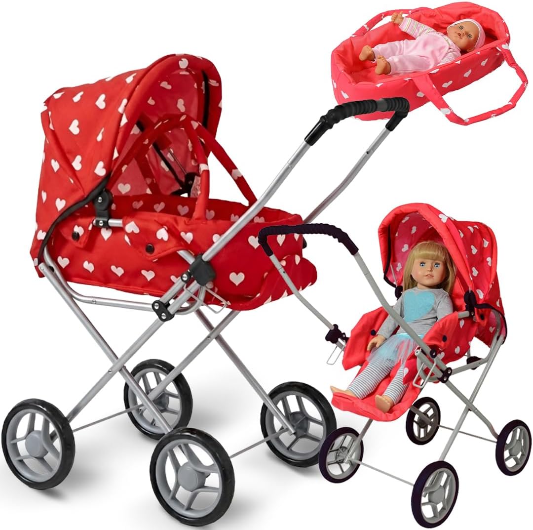Baby Doll Stroller Play Set, 3-in-1 Babydoll Stroller with Removable Bassinet Baby Carriage for Dolls Toy Doll Stroller for Toddlers 3-4 Years,