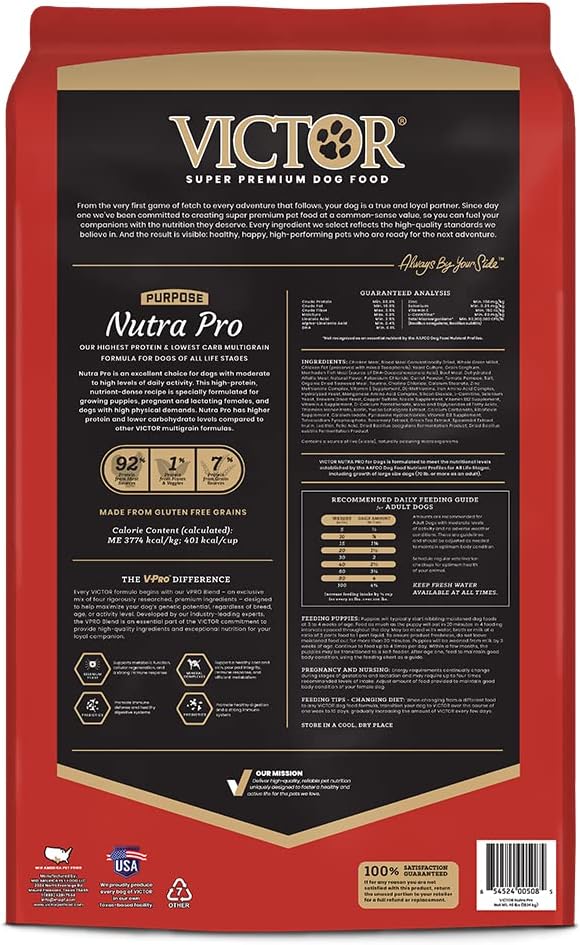 VICTOR Purpose Nutra Pro Dry Dog Food - High Protein Gluten-Free, 40 lb | Super Premium Dog Food, Low Carb Dry Kibble, For Active Dogs of All Ages, For Sporting, Pregnant or Nursing Dogs & Puppies