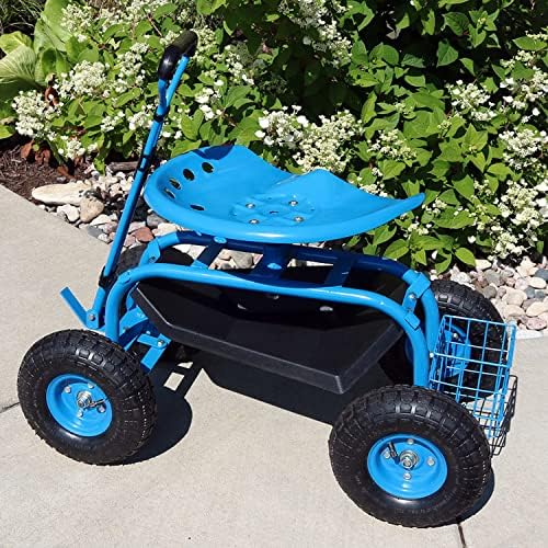 Sunnydaze Garden Seat with Wheels and Adjustable Handle, Red | Steel Rolling Gardening Seat with Utility Tray for Storage, Rotating, Swiveling Motion