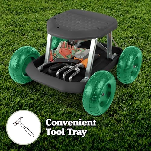 Pure Garden Rolling Garden Seat with Wheels and Tool Tray, Black/Green | Gardening Stool Garden Cart Scooter with Storage for Yard Tools