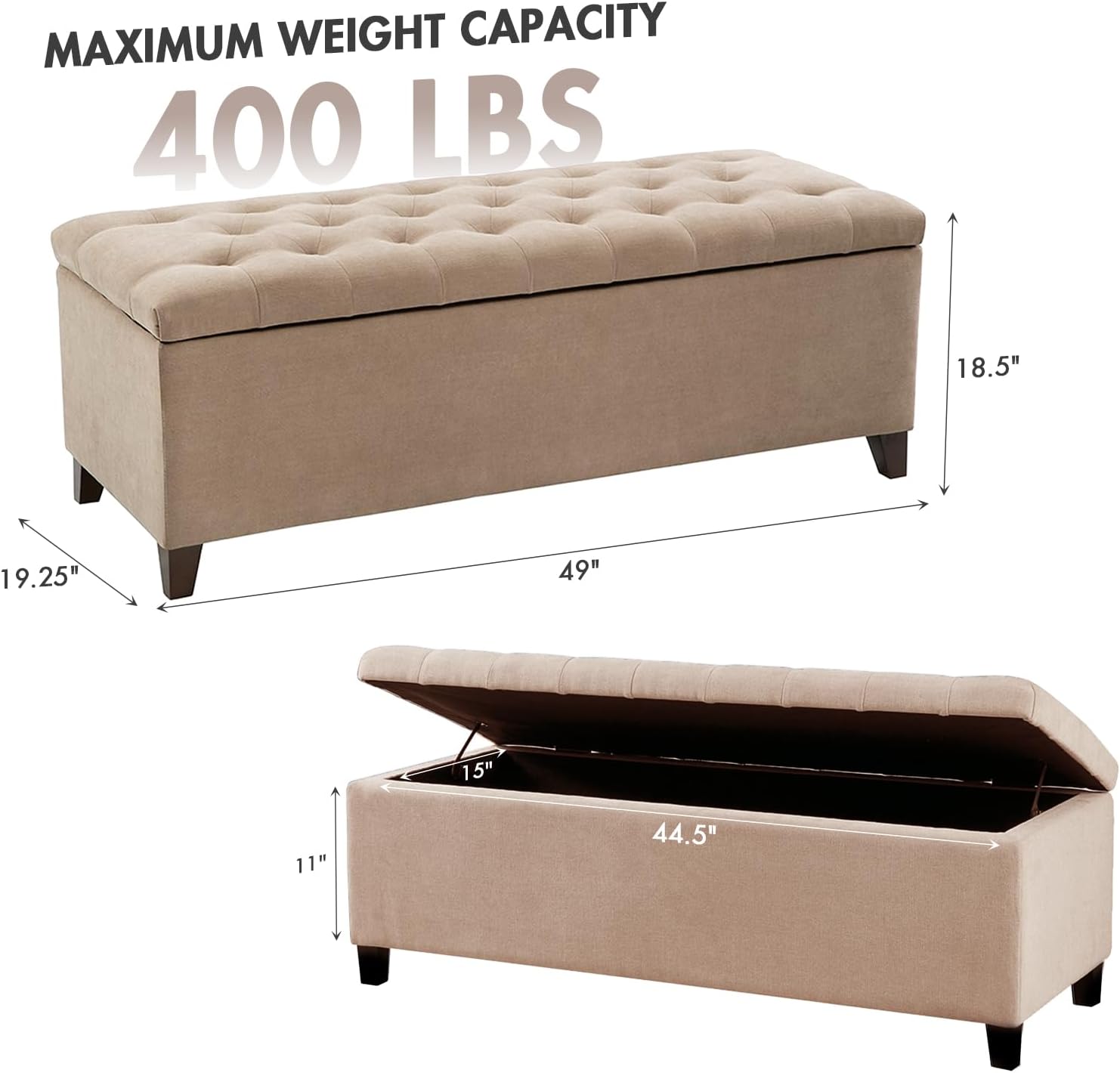 Madison Park 49" Upholstered Storage Bench, Button Tufted End of Bed Bench with Storage, Dual Spring Soft-Close Lid, Bedroom Bench for Queen King Bed, Entryway Living Room, Grey