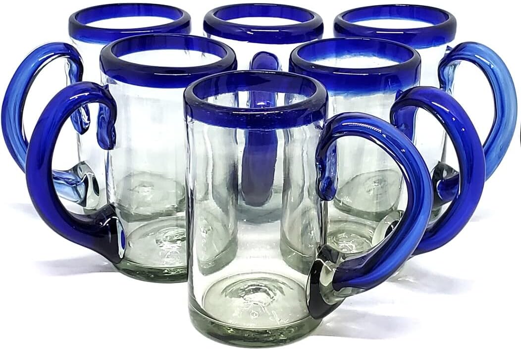 Cobalt Blue Rim 16 oz Pint Glasses (set of 6), Recycled Glass, Lead-free, Toxin-Free (16oz Pint)