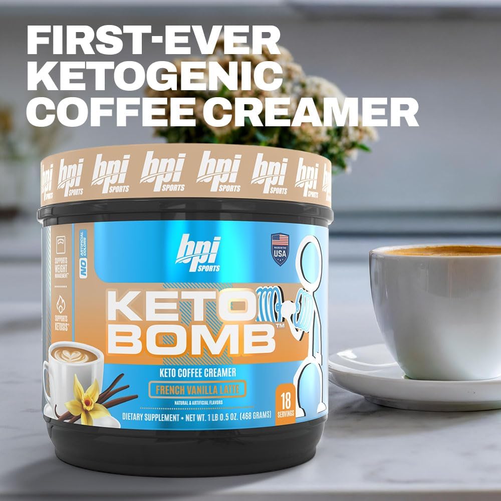 BPI Sports Keto Bomb Coffee Creamer - Supports Energy and Hydration - MCT and Electrolytes - with Calcium - Caramel Macchiato, 18 Servings