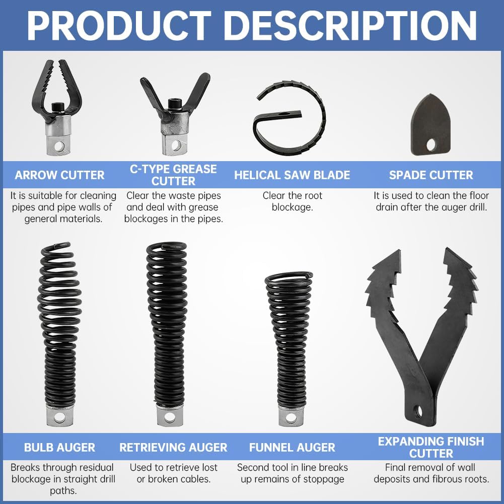Drain-Snake Drill Attachments, Auger Cutter Kit for Roots Grease and Stubborn Clogs, Used in 50FT-100FT Electric Snakes