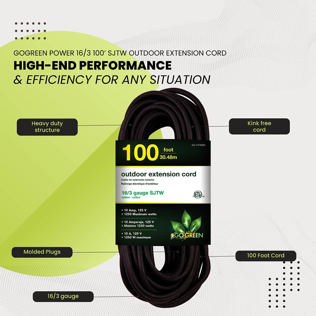 Go Green Power Inc. (GG-14025) 12/3 SJTW Outdoor Extension Cord, Lighted End, 25 ft