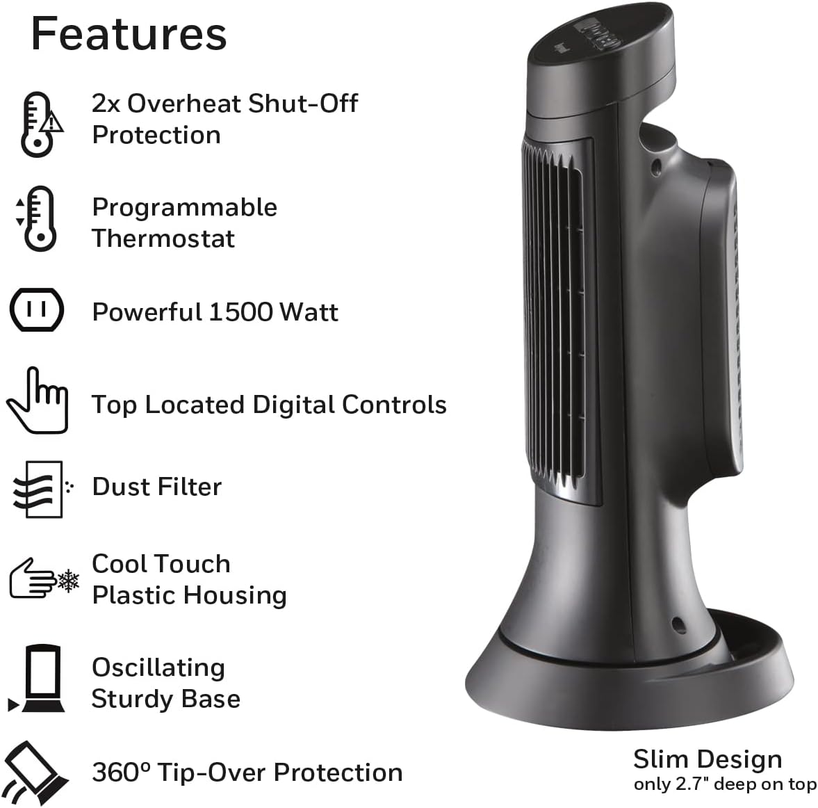 Honeywell Slim Ceramic Tower Heater, Small Room, Black – Easy to Use – Slim Space Heater with Two Heat Settings | Easy to Use – Slim Space Heater with Two Heat Settings