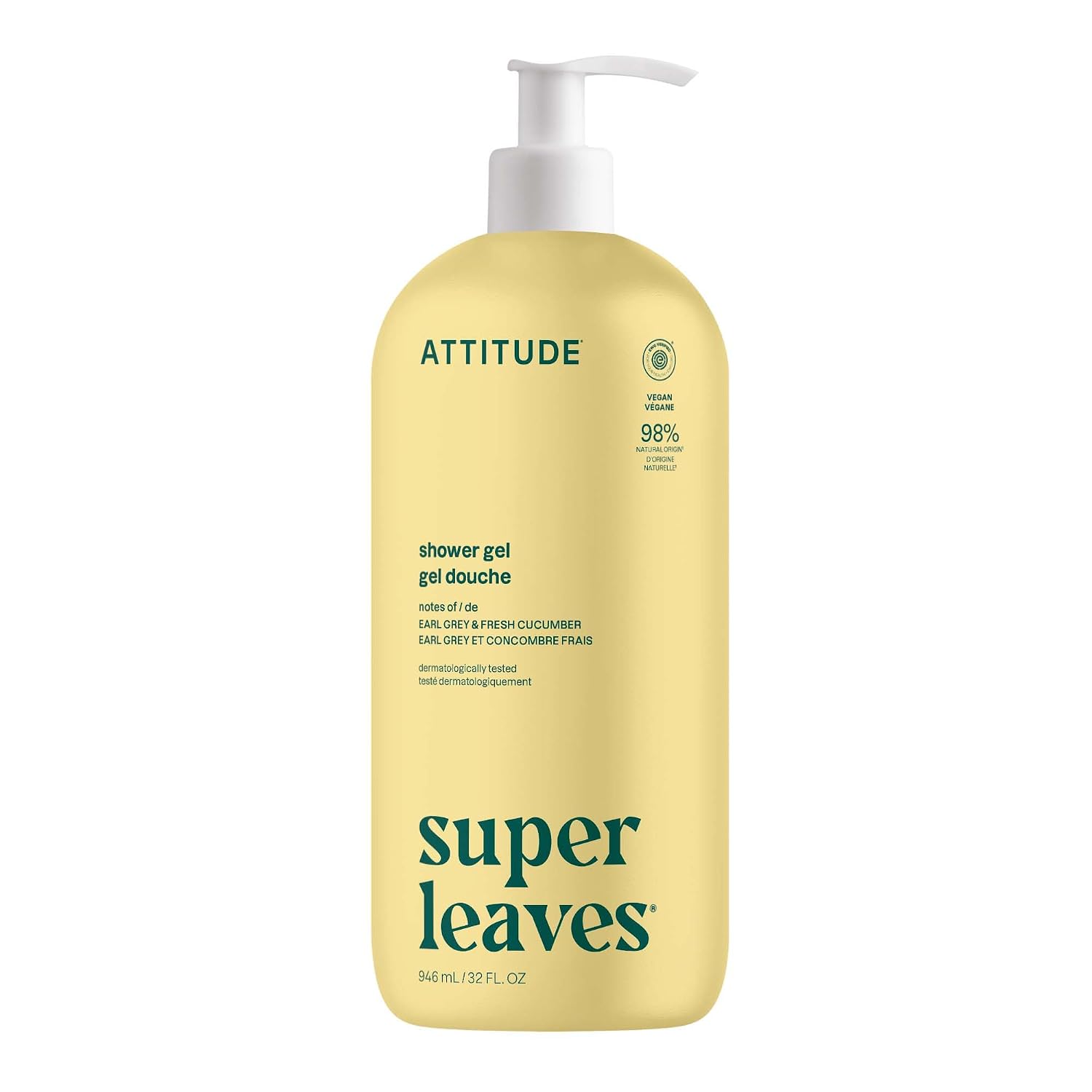 ATTITUDE Body Wash, EWG Verified Shower Gel, Dermatologically Tested, Plant and Mineral-Based, Vegan Personal Care Products, Earl Grey & Fresh Cucumber, 16 Fl Oz