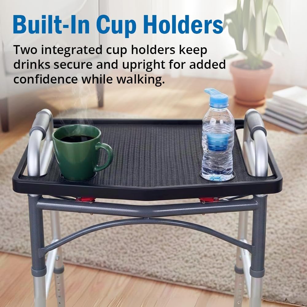 Support Plus Walker Tray Table - Mobility Table for Walker with Non-Slip Mat, Accessories, and Cup Holder (21"x16") - Gray