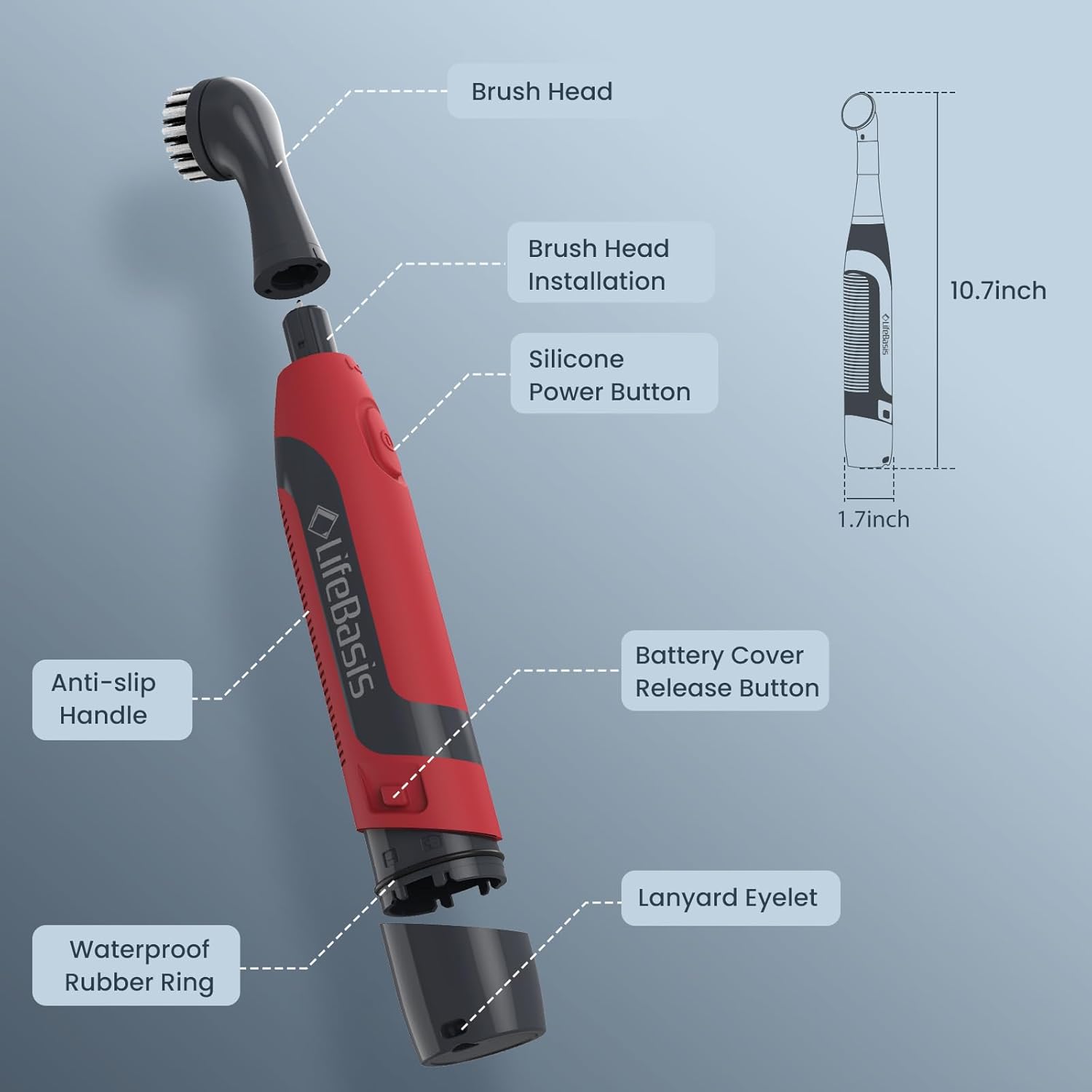 LifeBasis Cordless Electric Cleaning Brush | Power Scrubber with 5 Replacement Brush Heads for Bathroom Kitchen Grout Tile Crevice Corner (Batteries