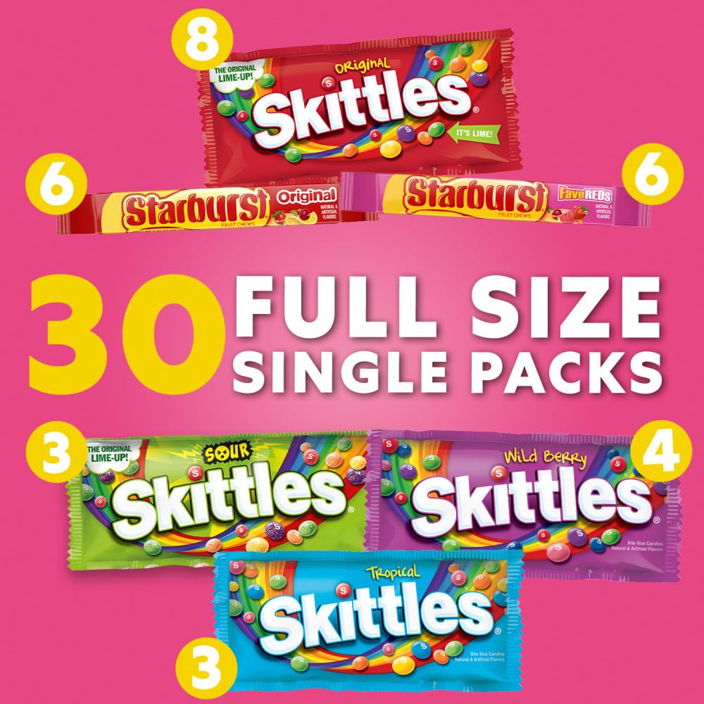 SKITTLES & STARBURST Assorted Candy Variety Pack Bulk Box 18 Count 37.05 oz | Everyday snacking, snack box, mix candy assortment bulk candy fruity candies bulk box for fundraising, snacking, road trips