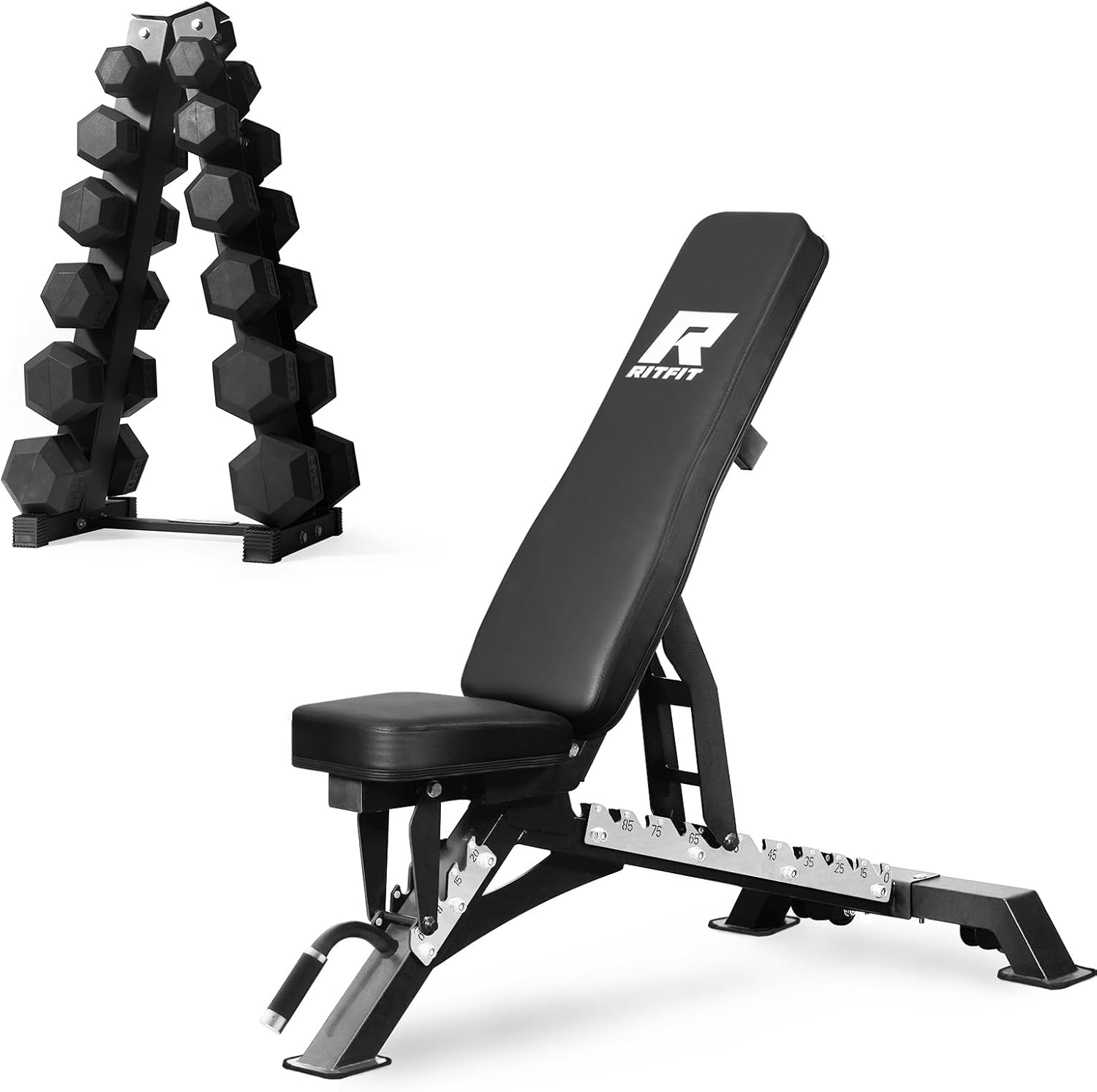 RitFit Rubber Coated Hex Dumbbell Weights Set for Home Gym | Cast Iron Core, Anti-Slip Knurled Chrome Handle, Hexagon Anti-Roll, Heavy-Duty Dumbbell Set for Strength Training