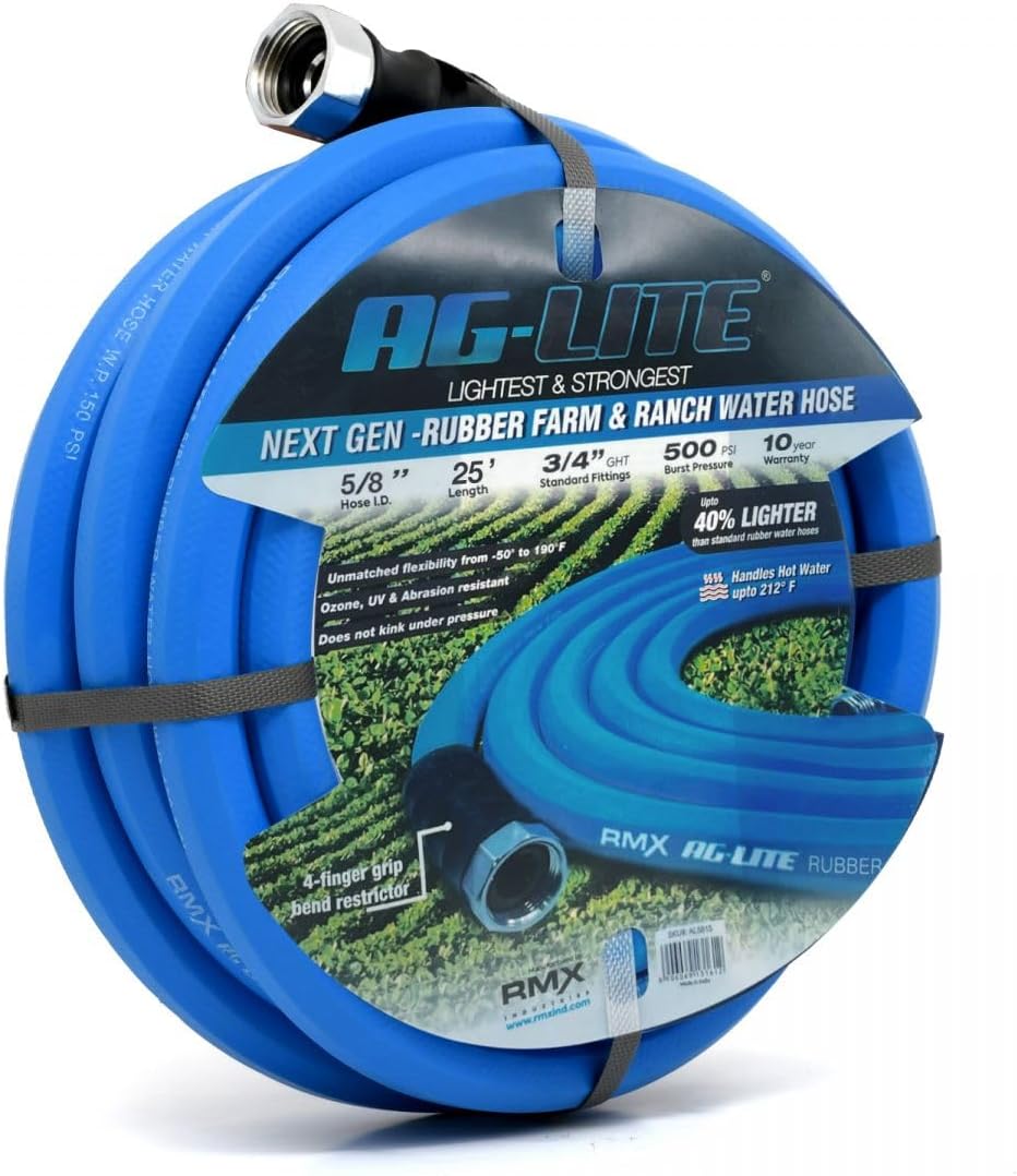 AG-LITE BSAL5825 5/8" x 25' Hot/Cold Water Rubber Garden Hose, 100% Rubber, Ultra-Light, Super Strong, 500 PSI, 50F to 190F Degrees, High Strength Polyester Braided