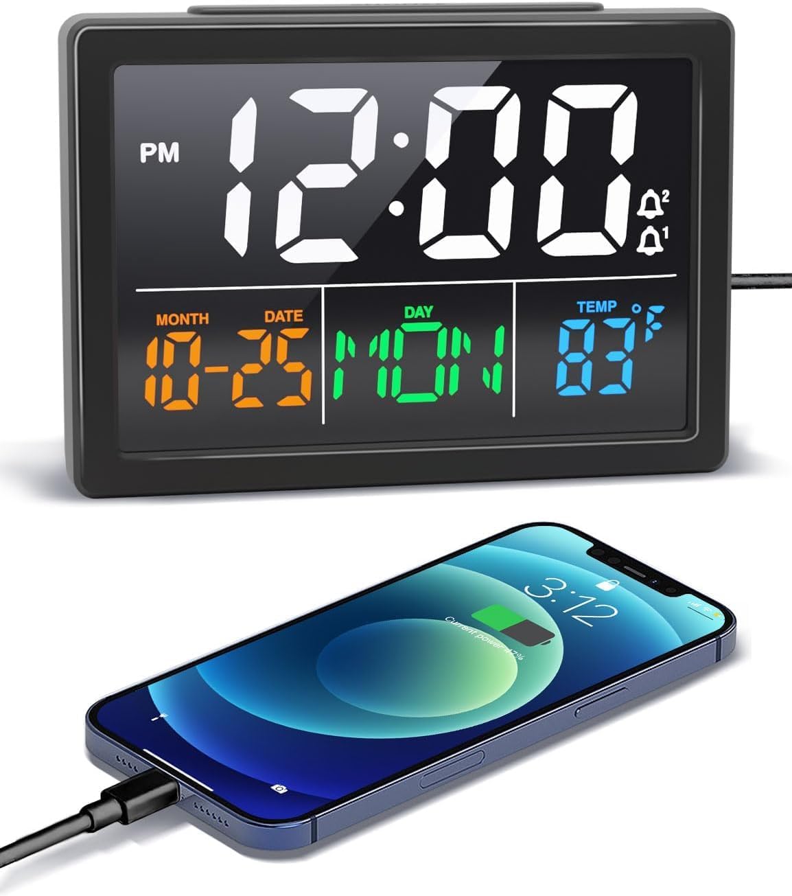 JALL Digital Clock with Date Day for Seniors, Electric Alarm Clocks for Bedrooms with Temperature, 2 Alarms, Dimmer, Dual USB Charger, Battery Backup