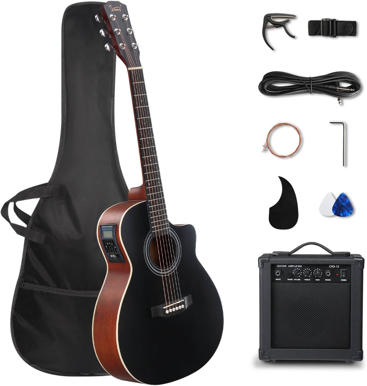 GLARRY 36in Acoustic Electric Guitar Beginner Kit with 15W Amp, 5-band EQ Dreadnought Design 6 Strings Electric Acoustic Guitar with Bag, Strap, Picks