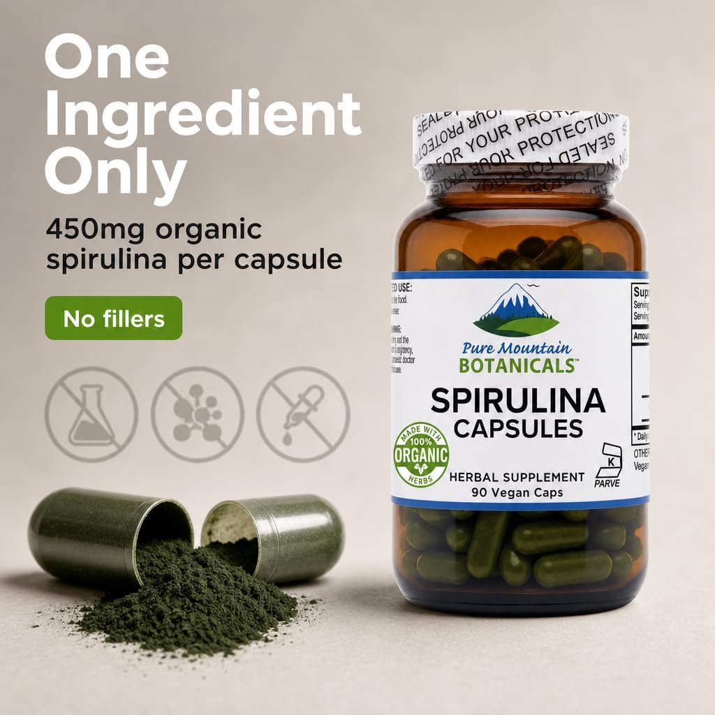 Pure Mountain Botanicals Spirulina Capsules 90 Count - 450mg Organic Spirulina - Kosher Vegan Non-GMO - Superfood Supplement - Espirulina