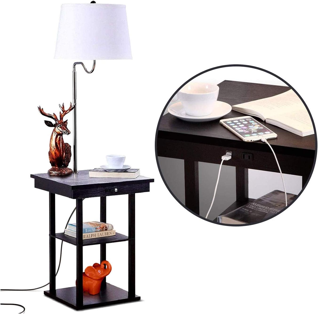 Brightech Madison Side Table with Lamp Combo with LED Bulb, Desk Lamp with USB Port, Bedside Reading Light, Modern End Table with Floor Lamp for Bedroom, Living Room, Office - Havana Brown