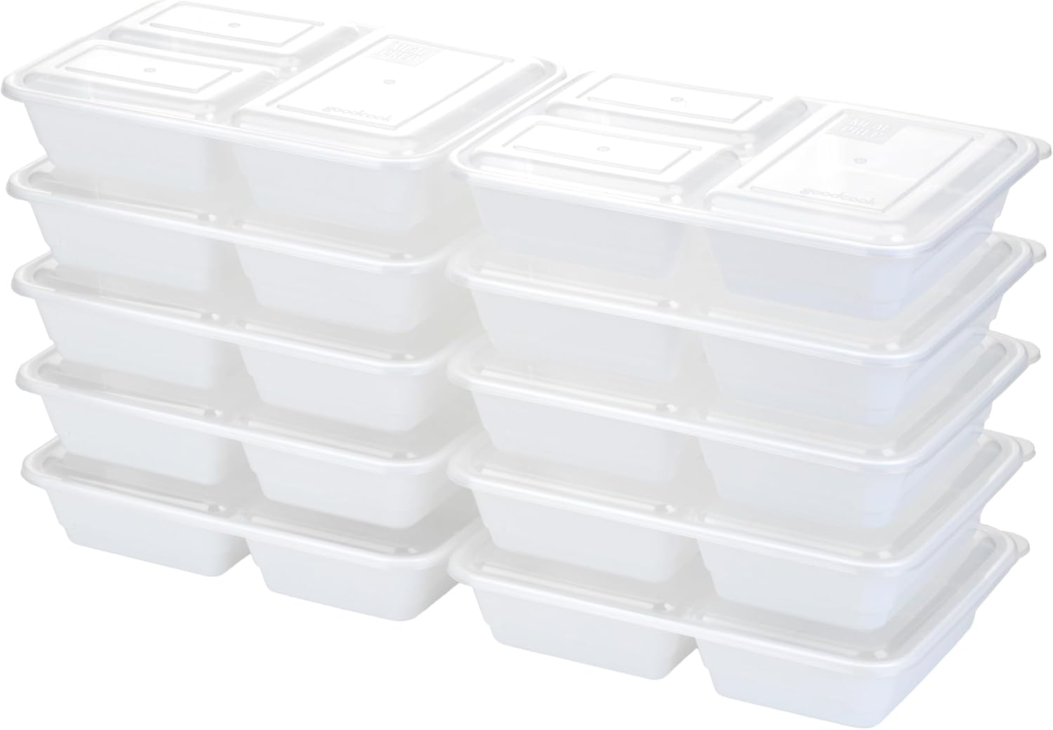 GoodCook Food Storage Containers for Meal Prep Rectangle Three Compartments & Made without BPA, 20-Piece, White