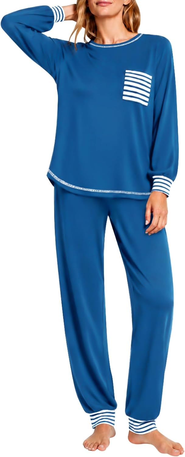 SWOMOG Women’s Pajamas Set Long Sleeve Sleepwear with Long Pants Soft Modal Loungewear Pj Set