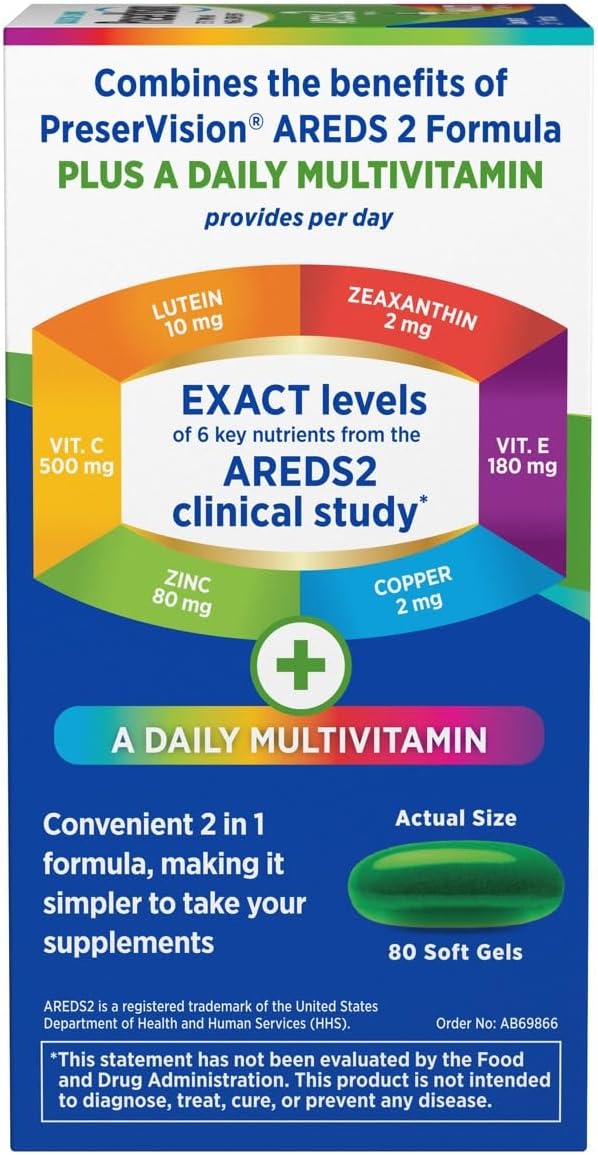 PreserVision AREDS 2 + Multivitamin, #1 Eye Doctor Recommended Brand, 2-in-1 Eye Vitamin with Lutein, Zeaxanthin, Zinc, and Vitamin C, D & E, 100 Softgels