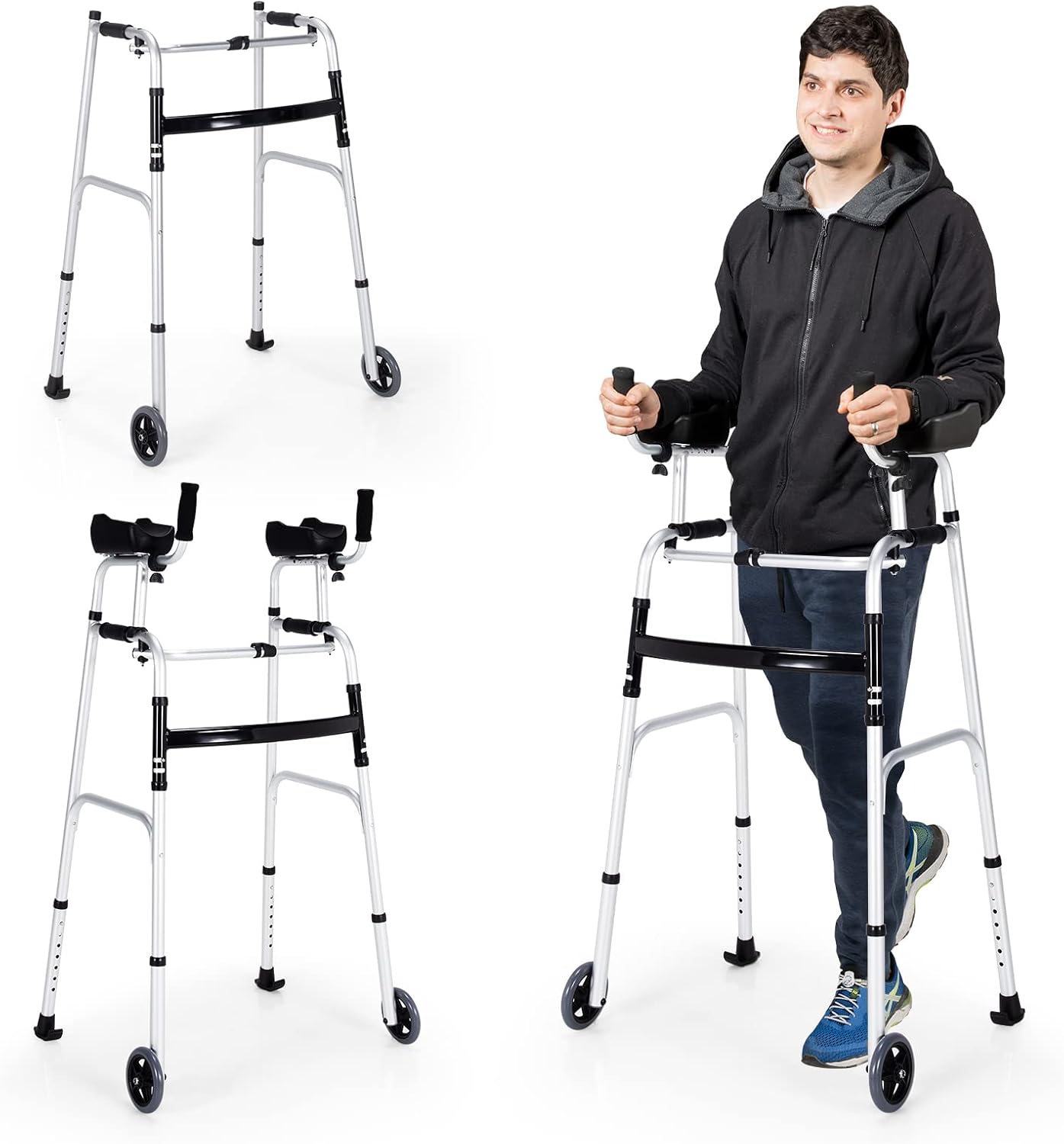 Goplus Walkers for Seniors, Foldable Standard Walker with 5’’ Wheels and Removable Padded Armrests 220lbs, Lightweight Walking Mobility Aid