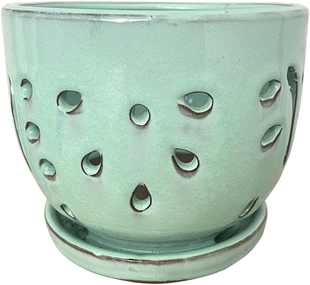 Orchid Pots with Holes Round Ceramic Flower Container Succulent Plant Planter Butterfly Pot Saucer Windowsill Contemporary Home Decoration (6 Inch