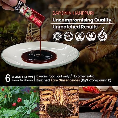 Saponin Hanppuri Everyday Korean Red Panax Ginseng Extract Stick - 3000mg High Potency Liquid Supplement - Caffeine Free Energy & Immune Support