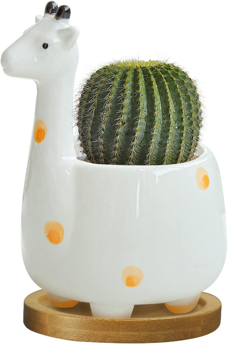 GeLive White Cow Succulent Pot, Small Ceramic Animal Planter with Drainage Hole & Saucer for Cactus, Mini Air Plants, Pencil Holder Brush Organizer, Indoor Home Office Desk Decor, Funny Gift
