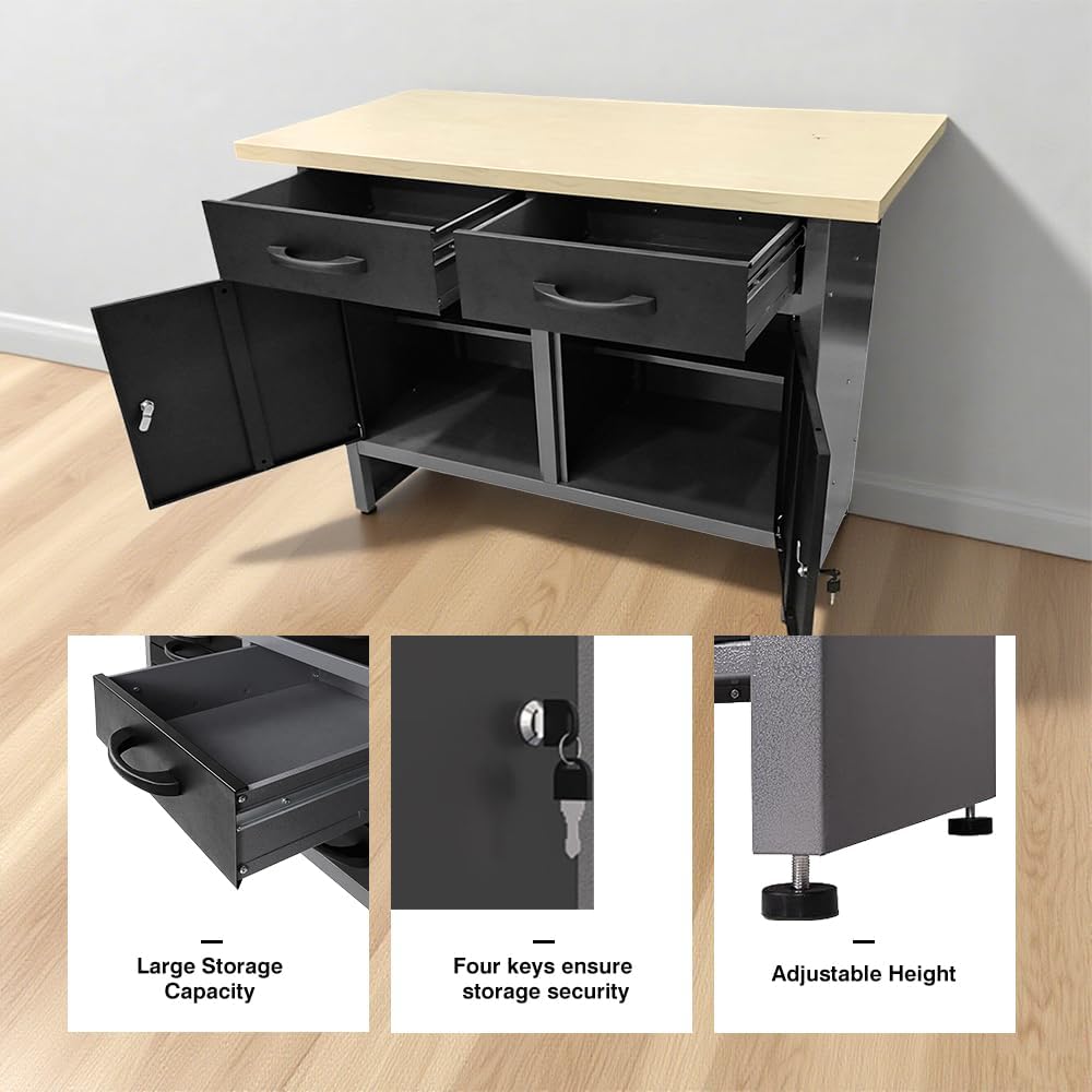 Storage Workbench System Set with Lockable Cabinet, Includes Metal Wall Cabinets Pegboards & Hooks, Wood Worktop for Garage Office Repair Shop