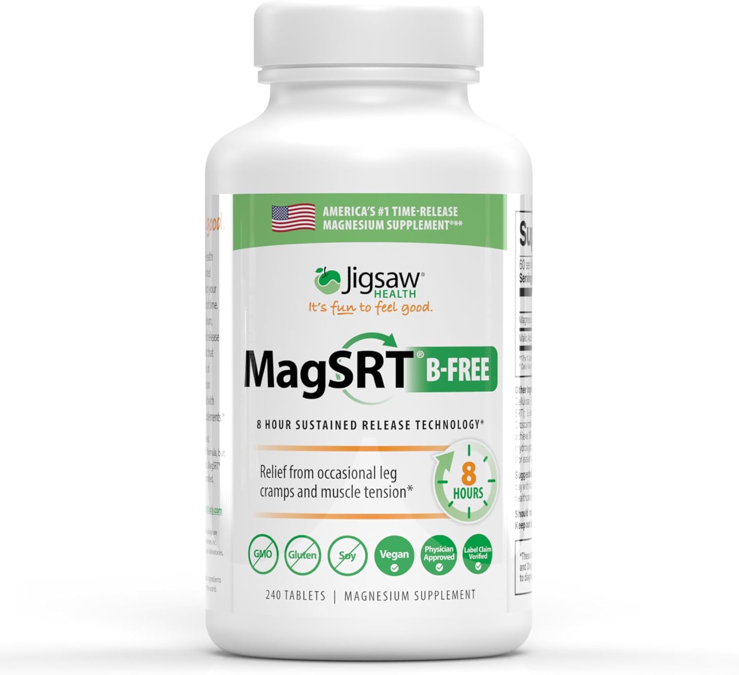 Jigsaw Health MagSRT | Magnesium Supplement with Vitamin B6, Folate & B12 | 240 Tablets | 60 Servings
