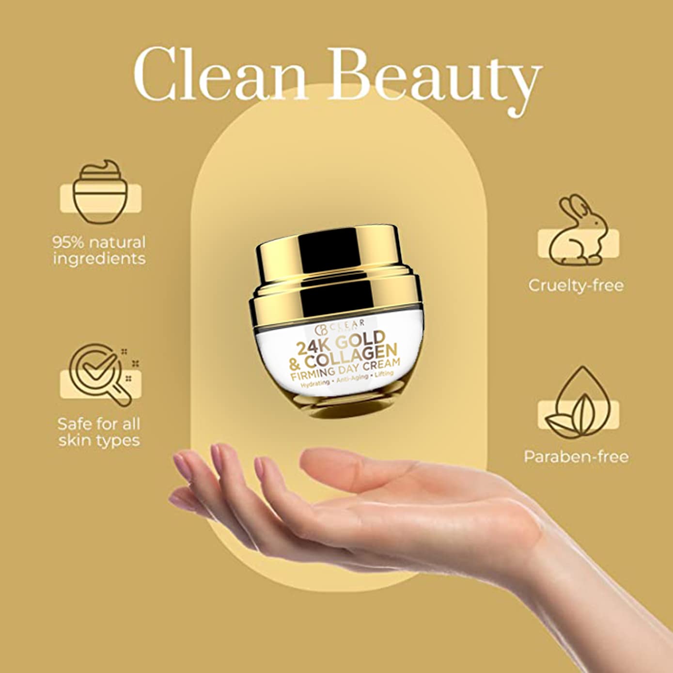 Clear Beauty 24K Gold & Collagen Day Cream Face Moisturizer – Dermatologist Tested, Anti Aging Korean Skin Care – Anti Wrinkle