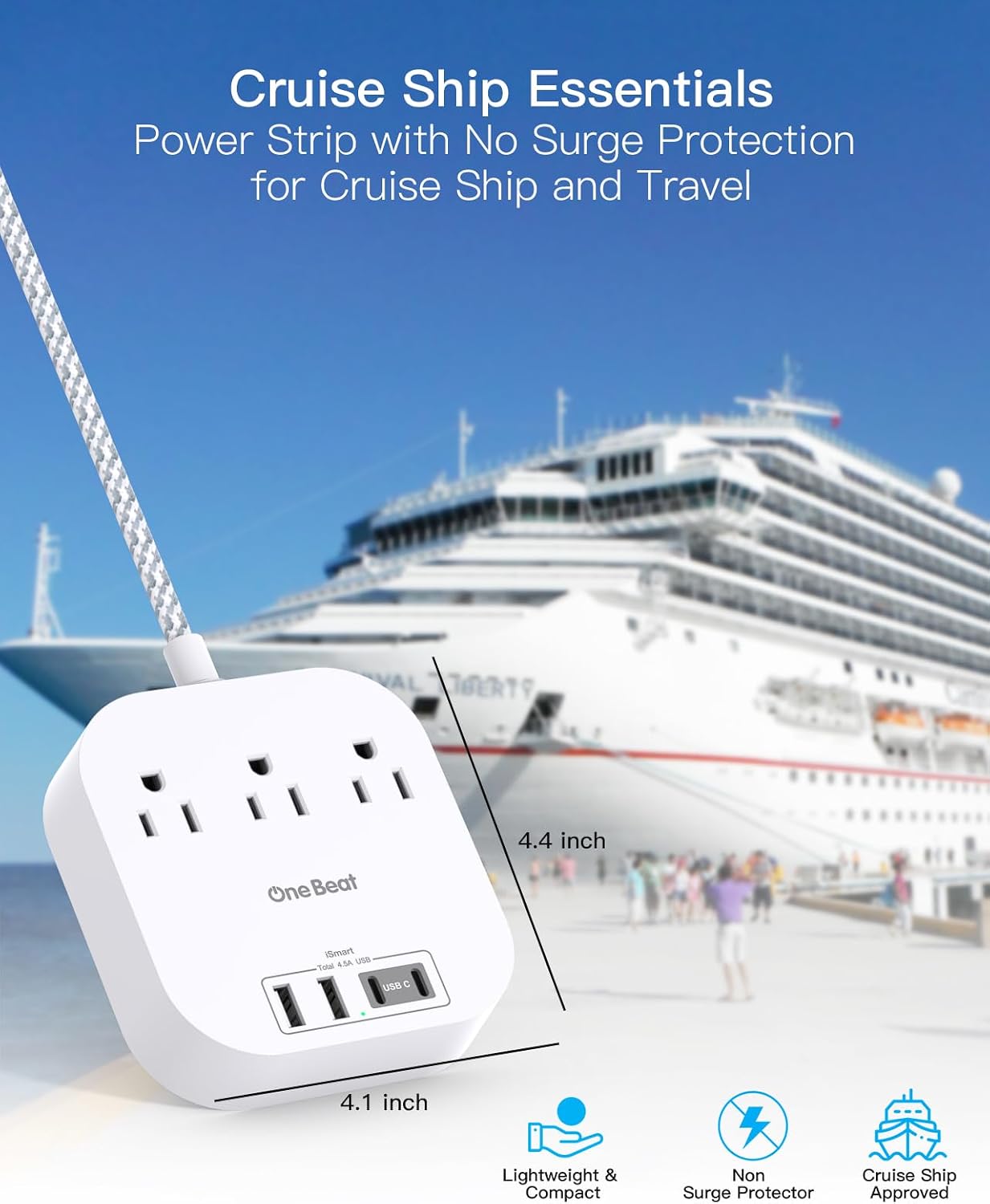 One Beat Power Strip with USB C, 3 Outlets 4 USB Ports (22.5W/4.5A), 6ft