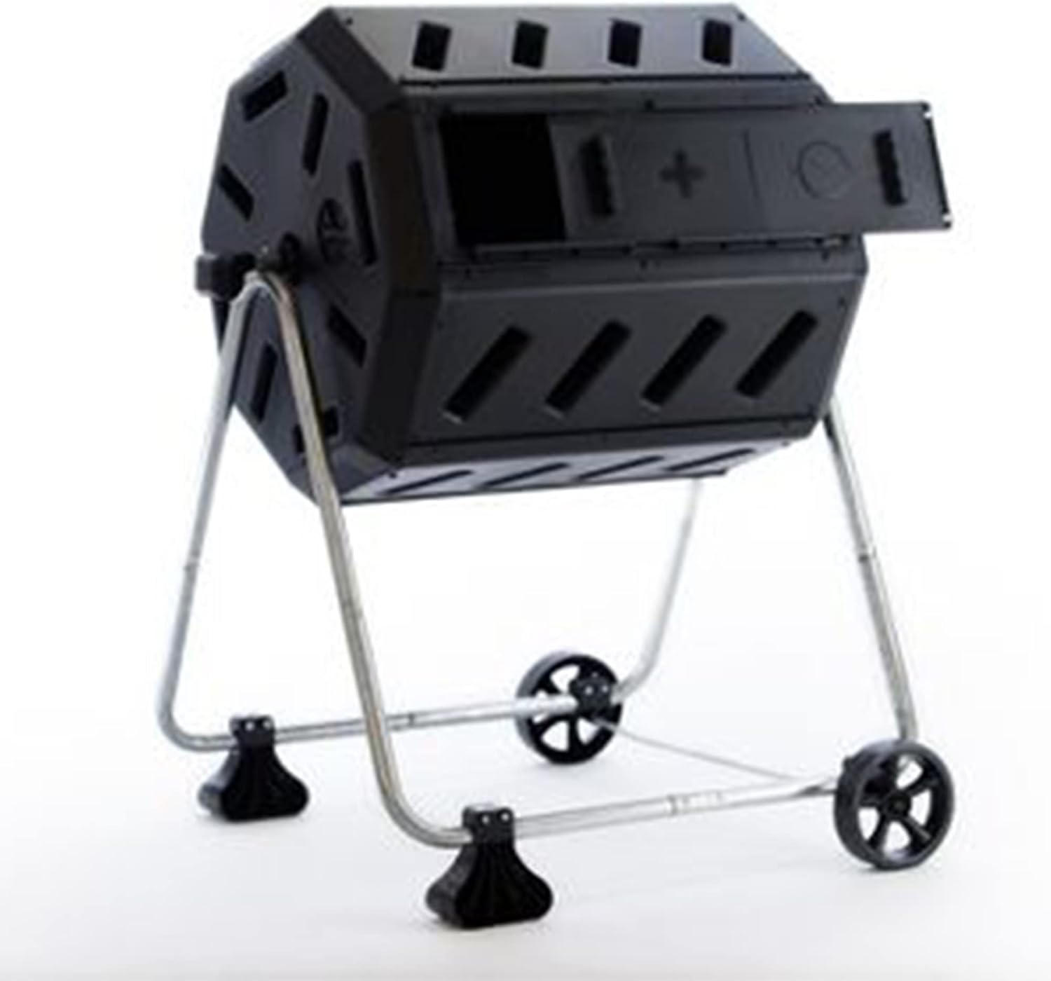FCMP Outdoor IM4000-WK 37 Gallon Plastic Dual Chamber Tumbling Composter Outdoor Elevated Rotating Garden Compost Bin with Wheels, Black/Black