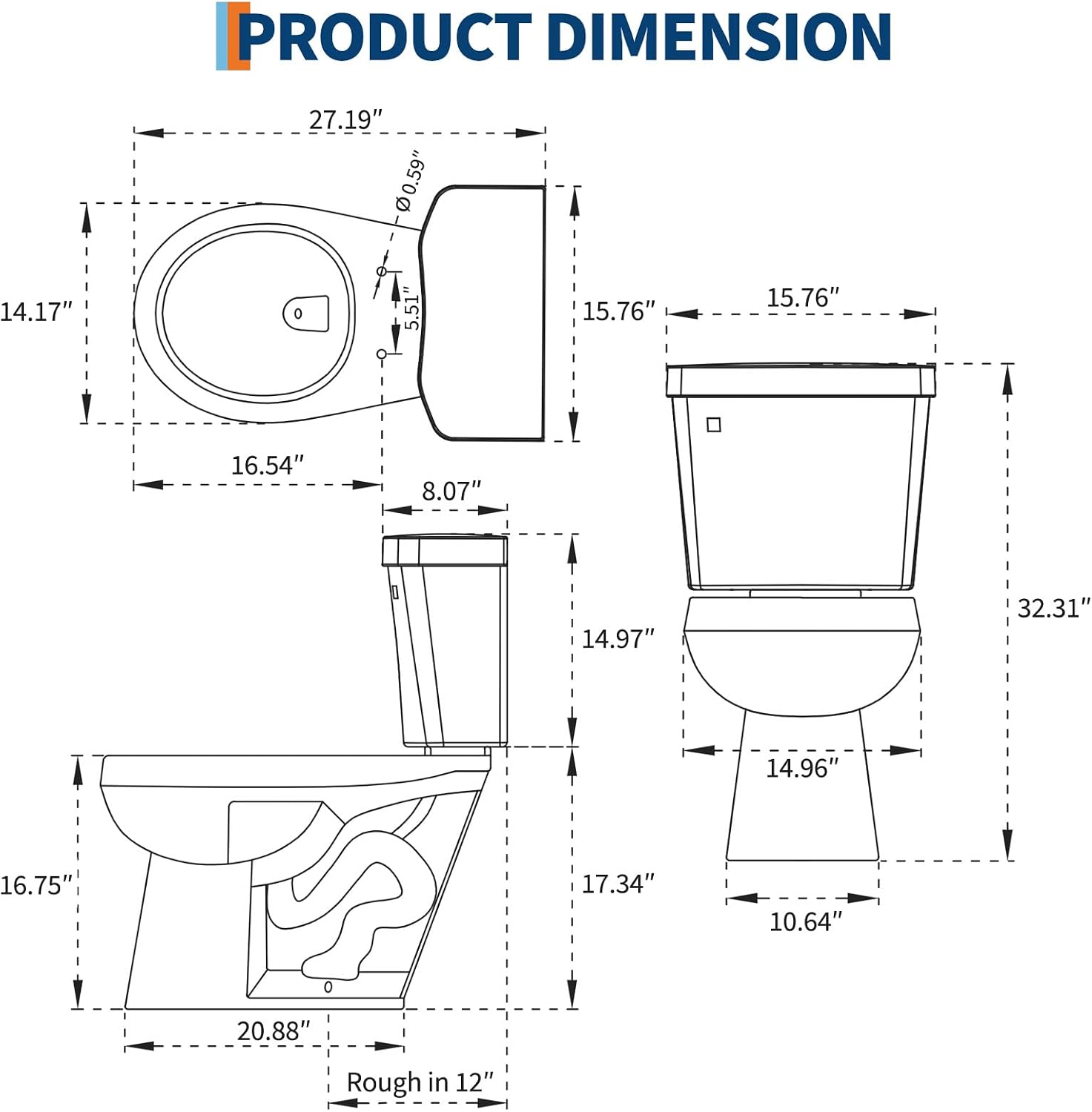 Two-Piece Toilets for Bathrooms, Comfort ADA Toilet with 19" Height, Elongated with Soft Close Seat, Power Flush 1.28 GPF