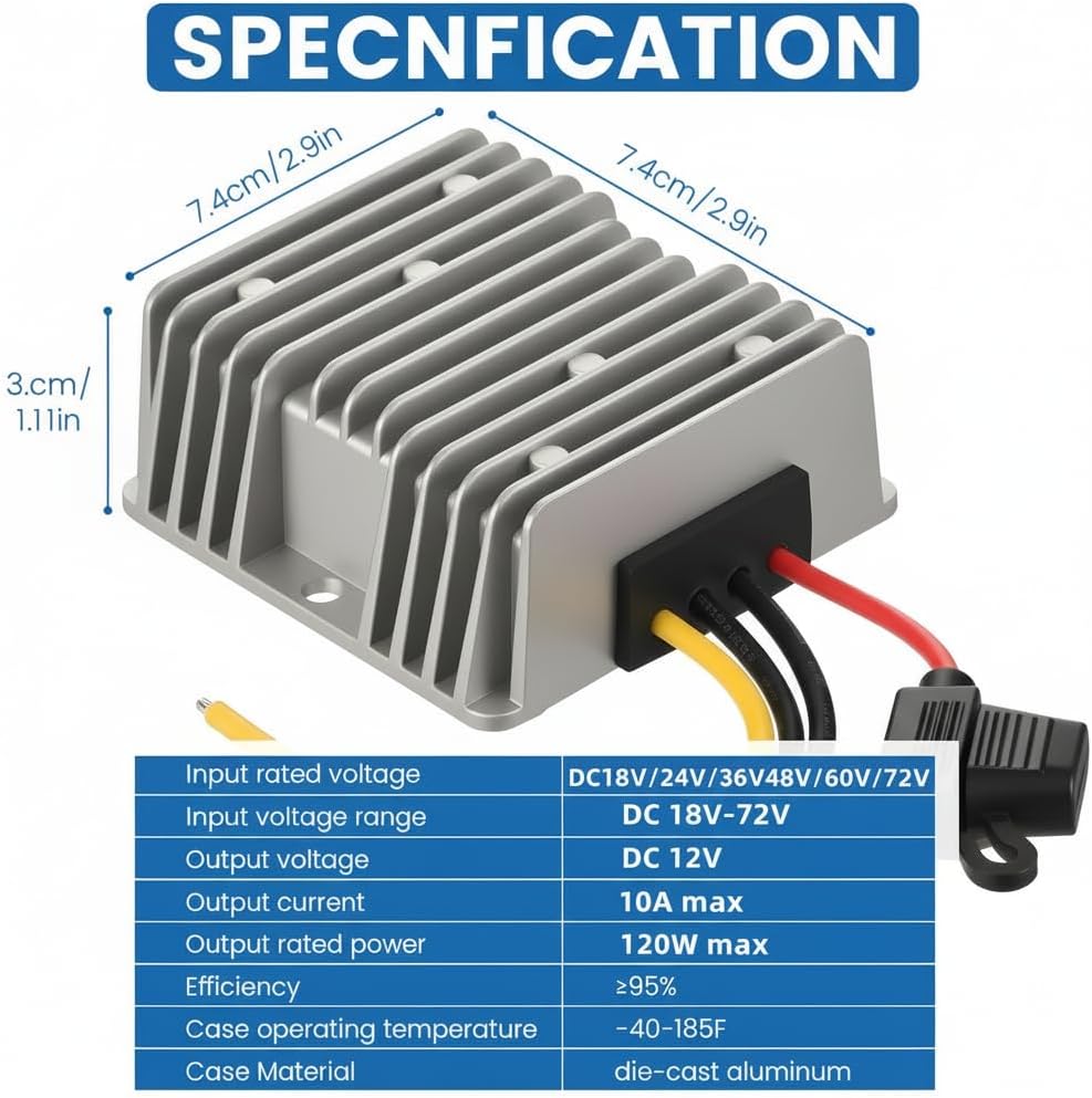 Input DC 18V-72V to 12V 10A 120W Buck Converter18V 20V 24V 36V 48V 60V 72V to 12V Step Down Converter Voltage Regulator Reducer Waterproof for Golf