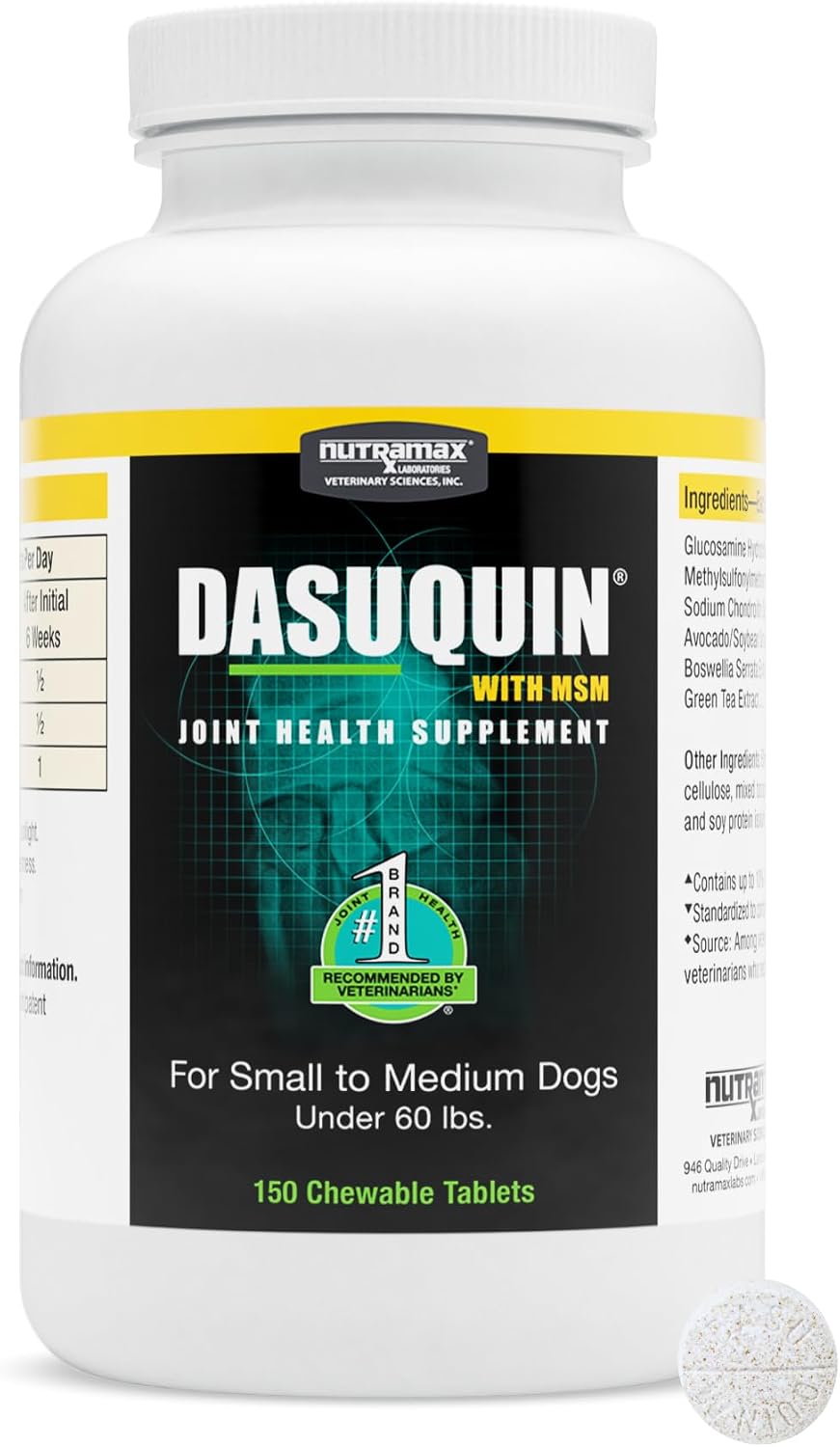 Nutramax Dasuquin MSM Joint Supplement, Small/Med Dogs, Chew Tablets150ct | Glucosamine and Chondroitin, Chewable Tablets for Dogs under 60 lbs